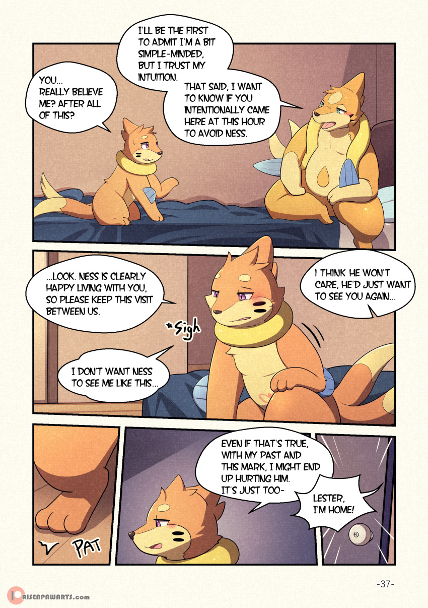 3_fingers 3_toes absurd_res bed blue_eyes bodily_fluids buizel comic countershading cute_fangs duo english_text fangs feet feral fin fingers floatzel fluffy furniture gay generation_4_pokemon hi_res lester_(risenpaw) male male/male male_only mammal neil_(risenpaw) ness_(risenpaw) nintendo nude open_mouth orange_body patreon paws pokemon pokemon_(species) purple_eyes risenpaw slightly_chubby sweat teeth text toes tongue yaoi