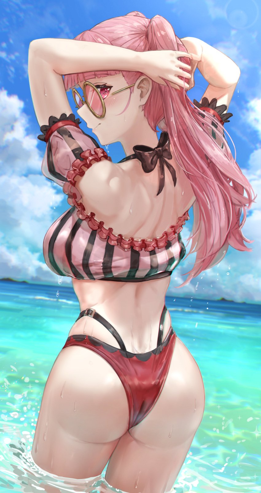 1girls absurdres alternate_costume ass ass_focus back back_view bangs bare_back bare_shoulders bikini blush breasts female female_only fire_emblem fire_emblem:_three_houses fire_emblem_heroes highres hilda_valentine_goneril hilda_valentine_goneril_(summer) ippers large_breasts long_hair looking_at_viewer looking_back nintendo official_alternate_costume pink-tinted_eyewear pink_bikini pink_eyes pink_hair pink_swimsuit png smile solo sunglasses swimsuit thighs tinted_eyewear twintails wet