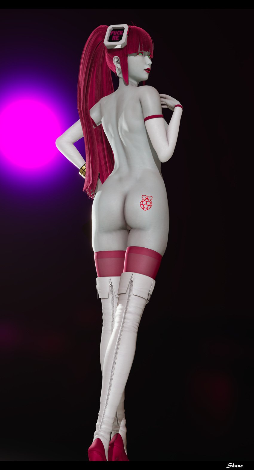 3d ass ass_focus console-tan functionally_nude green_eyes high_heels honey_select lipstick logo long_hair looking_at_viewer markings pale-skinned_female pale_skin pussy_peek raspberry_pi-tan red_hair screen shanodeshano smile suggestive suggestive_text thighhighs white_skin