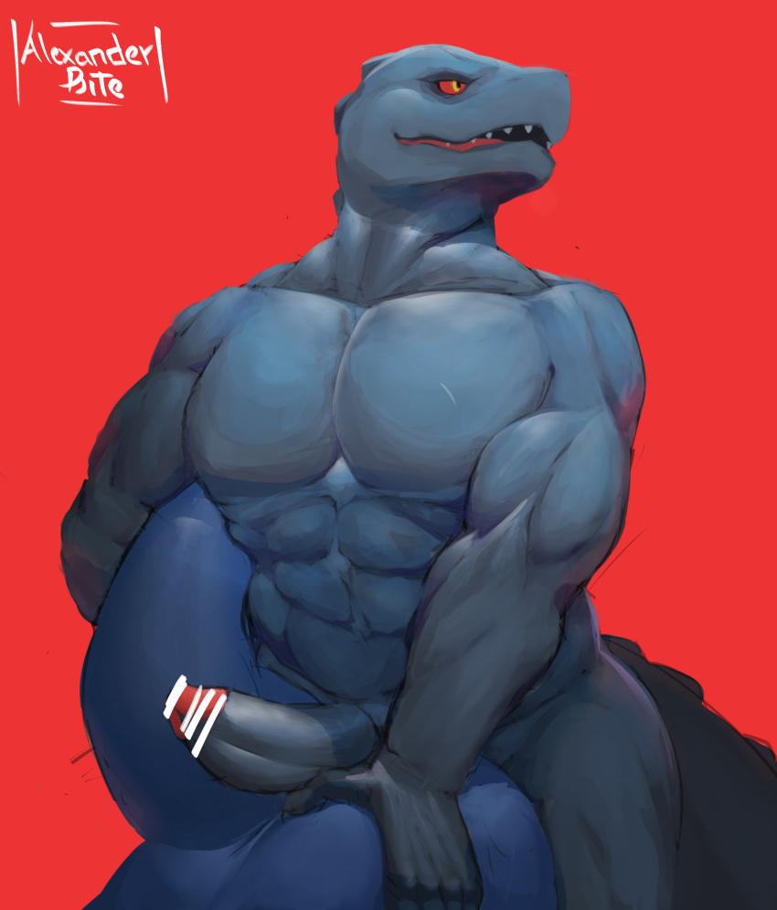 abs absurd_res alexander_bite alexander_bite_(character) anthro athletic big_dom_small_sub black_body blue_body censored dominant duo genitals hi_res komodo_dragon lizard male male/male monitor_lizard nude reptile scalie size_difference thunder_(fortnite)