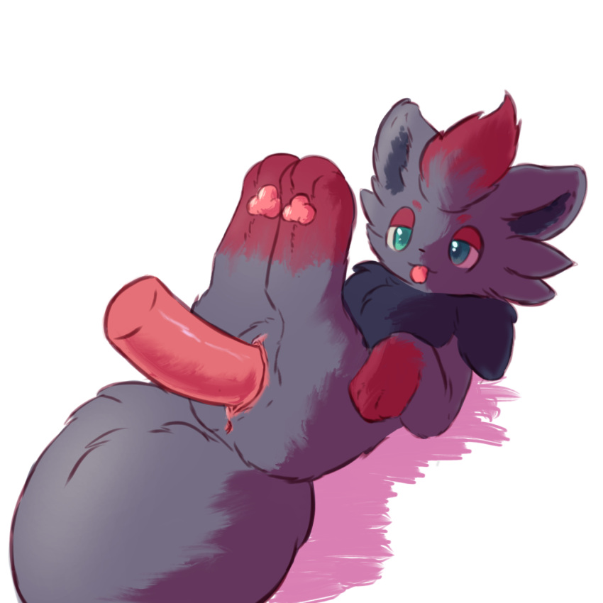 black_body black_fur blue_eyes feet female female_penetrated feral fur generation_5_pokemon genitals hi_res inner_ear_fluff legs_together mrcat11 nintendo paws penetration penis pokémon_(species) pokemon pokemon_(species) raised_leg red_body red_fur red_paws red_penis simple_background tail toes tuft vaginal_penetration zorua