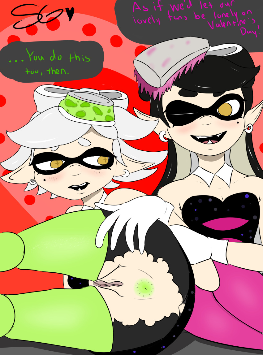 anus asshole bored callie_(splatoon) dialogue dress_pull green_pants hand_on_butt heart_background incest marie_(splatoon) mole nintendo pink_pants presenting presenting_anus pussy_from_behind scribblygumbo smooth_skin splatoon spread_anus spread_ass spread_legs torn_clothes torn_pantyhose valentine's_day wink