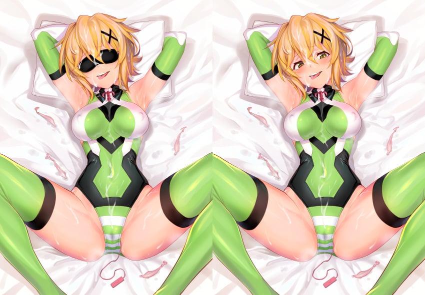 1girls ahe_gao akatsuki_kirika armpits arms_up blindfold blonde_hair condom cum cum_all_over cum_on_body eyes female green_eyes leotard long_gloves nipples_visible_through_clothing on_bed pussy_juice pussy_juice_drip pussy_juice_drip_through_clothes seductive seductive_smile senki_zesshou_symphogear sex_toy stockings tight_clothing tongue tongue_out ulrich_(tagaragakuin) used_condom vibrator wet wet_pussy