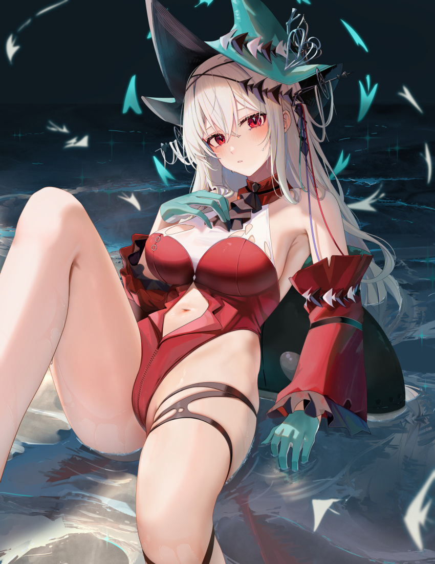 1girls alternate_costume arknights belly_button clothed clothing female female_only gloves hat light-skinned_female light_skin official_alternate_costume red_eyes ru_zhai skadi_(arknights) skadi_the_corrupting_heart_(arknights) solo water white_hair