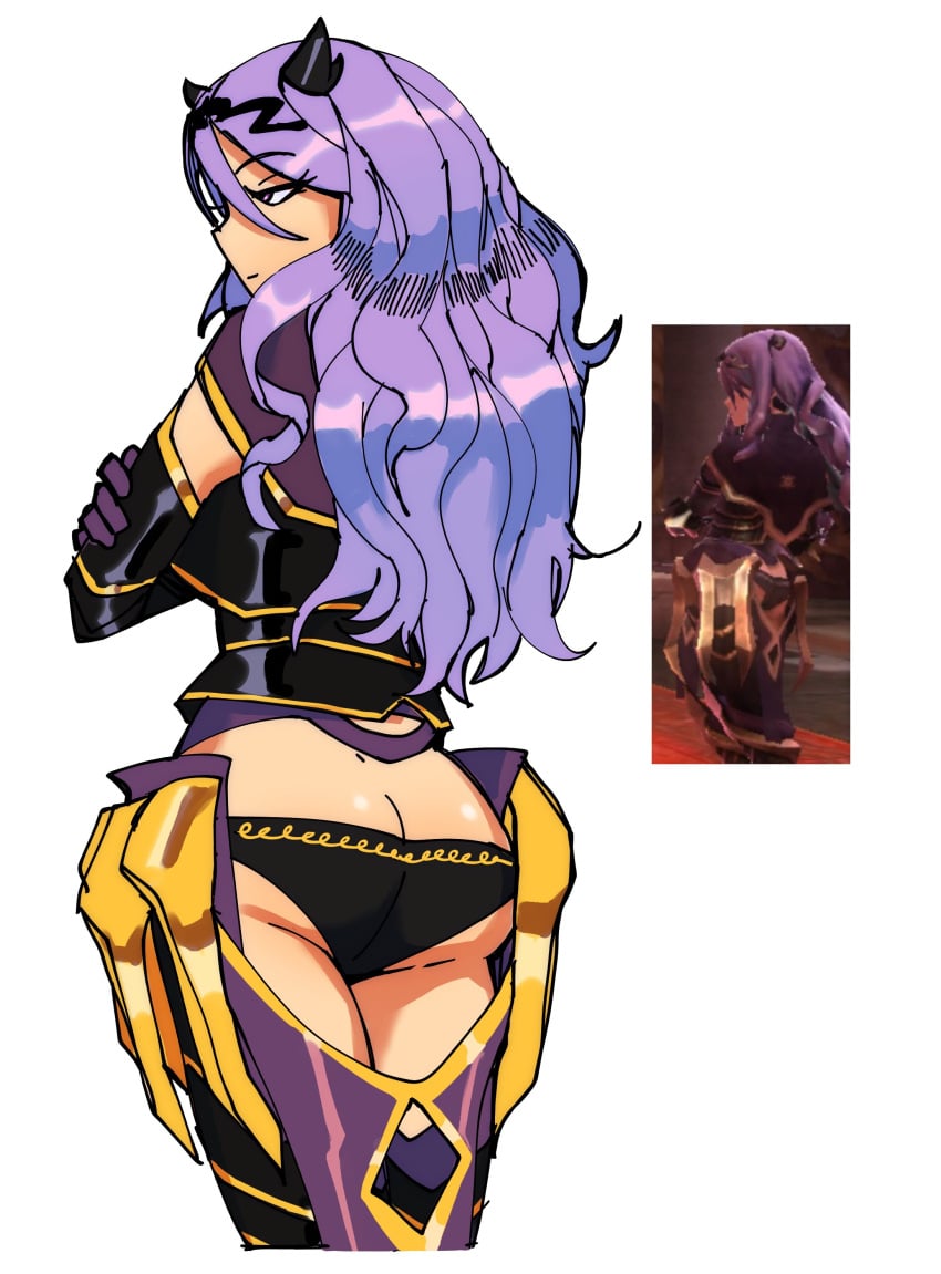 1girls 3amsoda absurdres armor ass ass_cleavage back_view bare_thighs big_ass black_panties boots butt_crack camilla_(fire_emblem) crossed_arms english_commentary expressionless fake_horns female female_only fire_emblem fire_emblem_fates from_behind greaves highres horns inner_thighs long_hair looking_to_the_side nintendo panties purple_eyes purple_footwear purple_hair reference_inset screencap_inset simple_background solo thigh_boots thighs underwear white_background