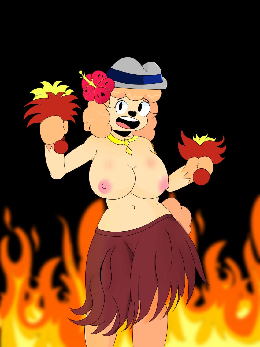 absurd_res animal_humanoid anthro bebel big_breasts breasts canid canid_humanoid canine canine_humanoid canis clothing dog_humanoid domestic_dog fedora female fire_background flower_on_head hat headgear headwear hi_res hula hula_dancer hula_girl humanoid laranxart looking_at_viewer mammal mammal_humanoid presenting showing_chest smile solo