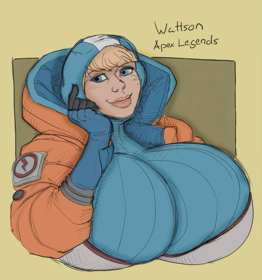 alternate_breast_size apex_legends berggie blue_eyes breast_expansion breast_hold breast_squeeze breast_squish breasts breasts_out bursting_breasts bursting_clothes gigantic_breasts outgrowing_clothes simple_background skin_tight skinsuit stretched_clothing thick thick_lips tight_clothes tight_clothing wattson_(apex_legends) yellow_hair