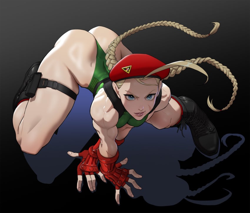 1girls ahoge ass beret blonde_hair blue_eyes boots braid cammy_white chest_harness combat_boots dat_ass female fingerless_gloves gloves green_leotard harness hat highleg highleg_leotard highres holster leotard long_hair loped muscular muscular_female round_ass scar simple_background solo street_fighter street_fighter_v thigh_holster thong_leotard twin_braids