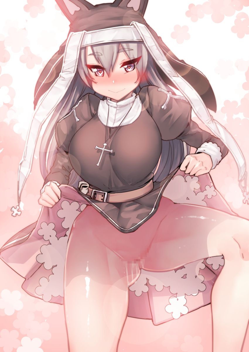 animal_ears belt blush breasts cat_ears censored chung_cthemax clothes_lift commentary_request cowboy_shot cross dress dress_lift female girls'_frontline grey_hair habit hair_between_eyes heart heart-shaped_pupils highres large_breasts lifted_by_self long_hair long_sleeves looking_at_viewer mosaic_censoring no_panties nun p7_(girls'_frontline) purple_eyes pussy pussy_juice smile solo spread_legs symbol-shaped_pupils thighs