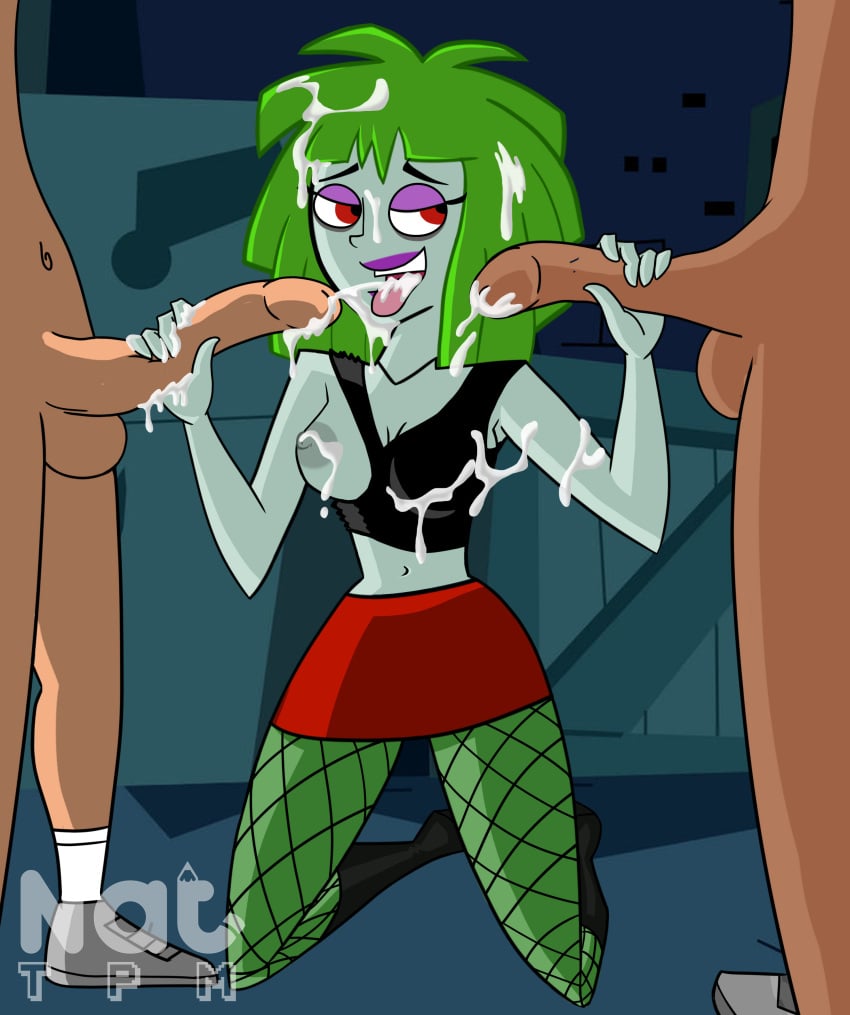 1girls 2boys blowjob cum cum_on_face danny_fenton danny_phantom female fishnets ghost_girl green_hair kitty_(danny_phantom) nat_tpm nickelodeon partial_male purple_lipstick red_eyes self_upload