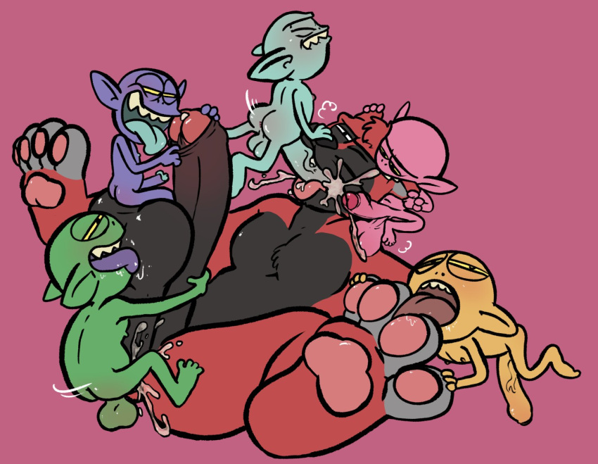 6boys anal anthro bite blue_body cum feet gay goblin goblin_male green_body licking_balls licking_penis licking_toes oral paws pink_body purple_body red_body sitting_on_balls size_difference slightly_chubby small_dom_big_sub toynuke yaoi