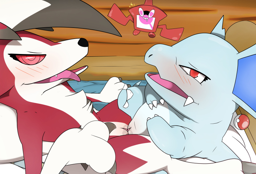 absurd_res beautyfromabove blush claws duo female female/female fur genitals hi_res lycanroc midnight_lycanroc nidorina nintendo open_mouth paws pokemon pussy red_eyes rotom rotom_pokedex tongue tongue_out tribadism