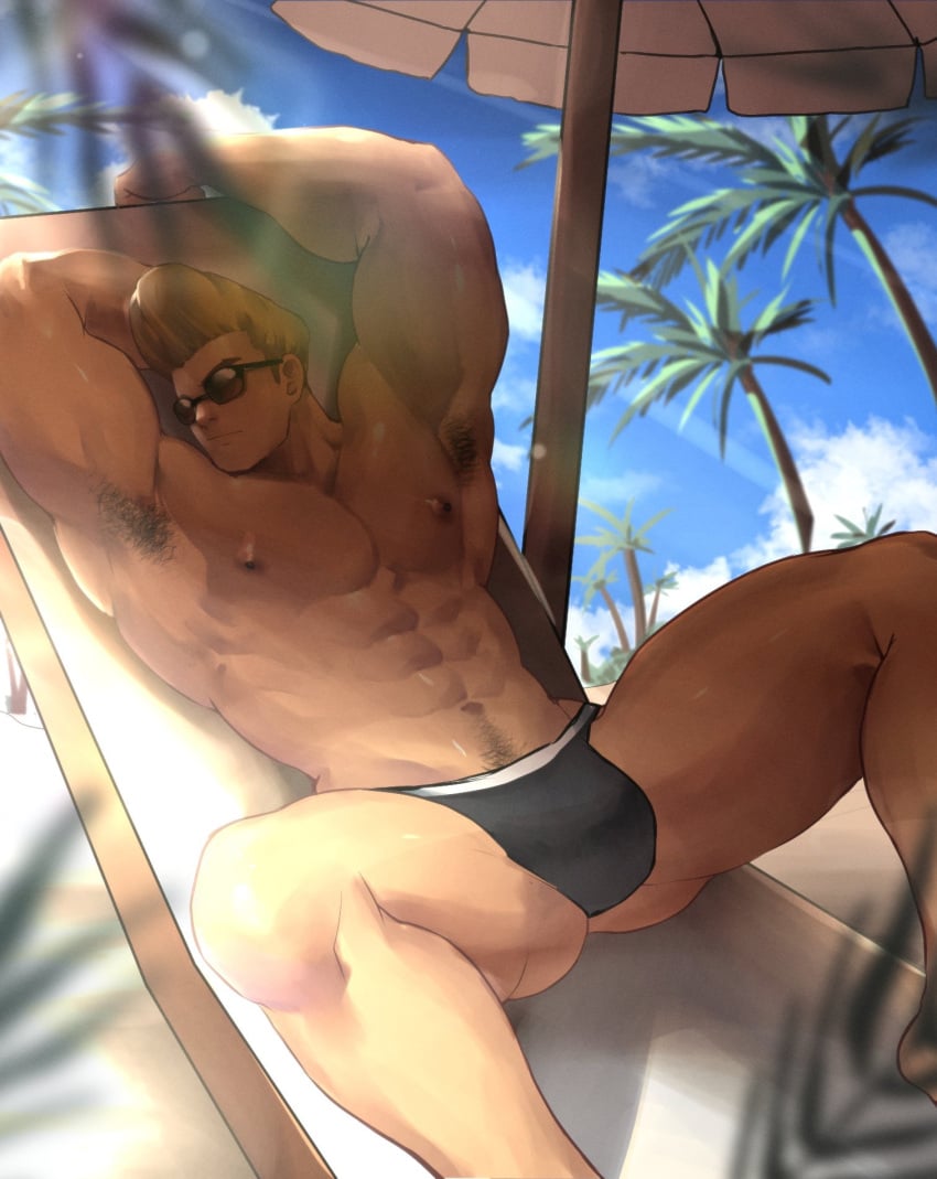 abs armpit_hair armpits arms_up bara bara_tits beach buff bulge jackray85674939 johnny_bravo johnny_bravo_(series) larger_male laying_down male male_focus male_only muscles muscular muscular_male relaxing showing_off solo solo_focus solo_male sunglasses underwear