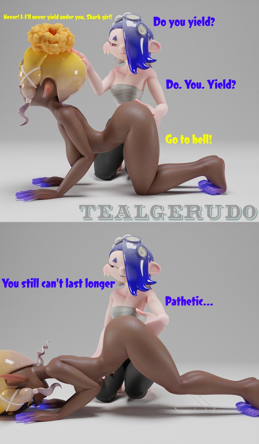 2girls 3d 3d_(artwork) big_breasts blender blender_(software) chocolate_and_vanilla clothed clothed_female clothed_female_nude_female dark-skinned_female dark_skin female/female female_domination female_ejaculation female_on_top females_only femdom fingering fingering_partner frye_(splatoon) light-skinned_female light_skin nintendo nude_female shiver_(splatoon) splatoon squirting tealgerudo tentacle_hair watermark yuri