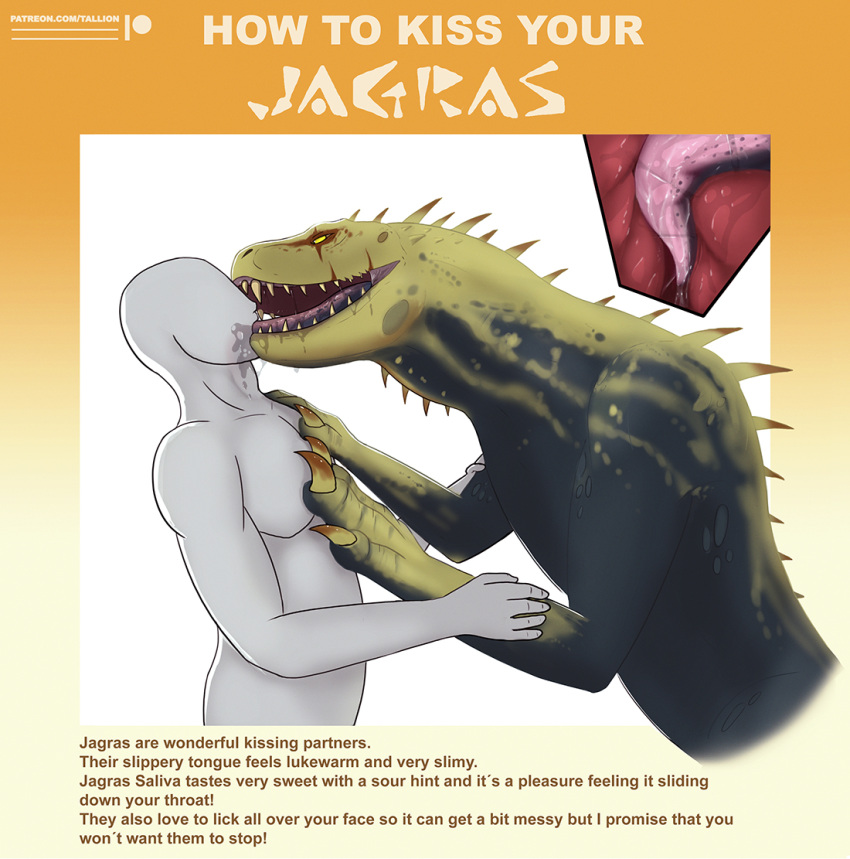 ambiguous_gender capcom dominant_feral extreme_french_kiss feral jagras male male_on_feral monster_hunter size_difference tallion text tongue_down_throat zoophilia