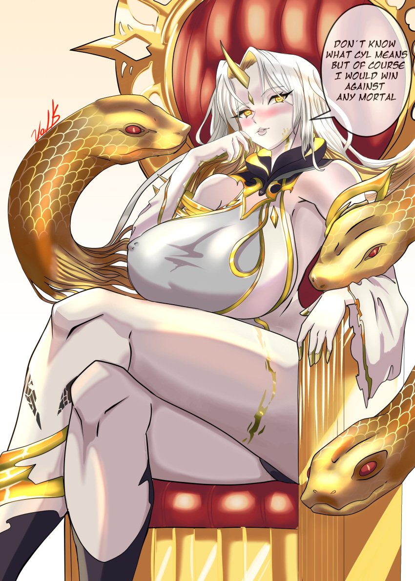 1girls bare_thighs blush breasts crossed_legs curvy english_text female female_only fire_emblem fire_emblem_heroes golden_eyes gullveig_(fire_emblem) huge_breasts levolko nintendo sitting sitting_on_throne snake solo speech_bubble text thick_thighs thighs throne voluptuous white_hair