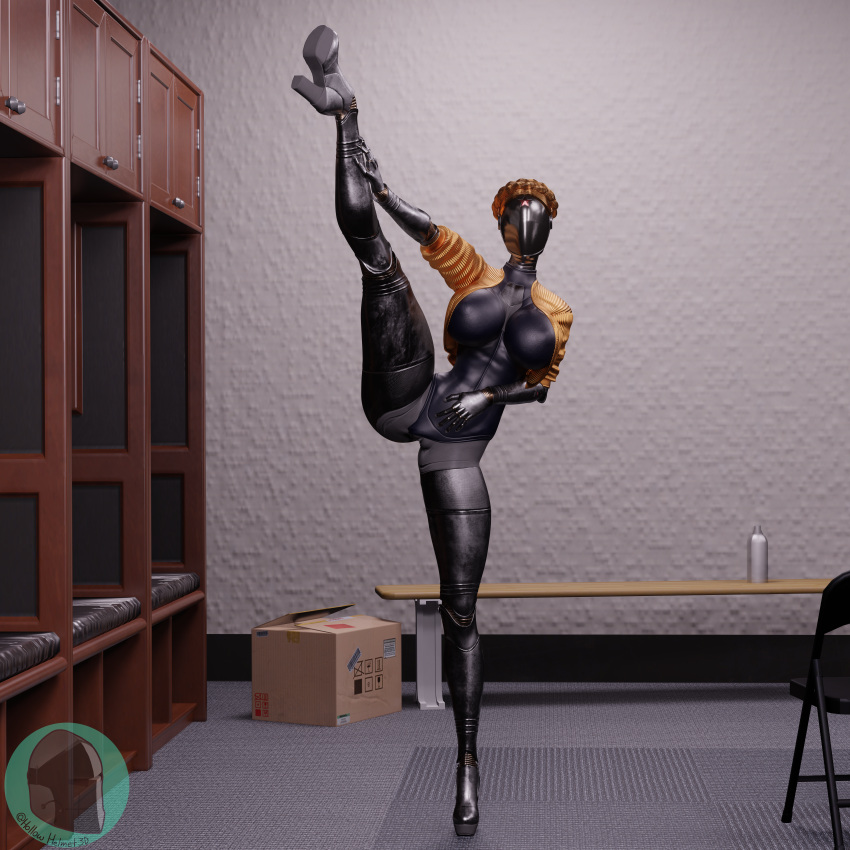 1girls 3d atomic_heart ballerina exposed exposed_pussy female_only heel_boots holding_leg hollowhelmet left_(atomic_heart) leg_up leotard leotard_aside locker_room robot robot_girl self_upload stretching the_twins_(atomic_heart)