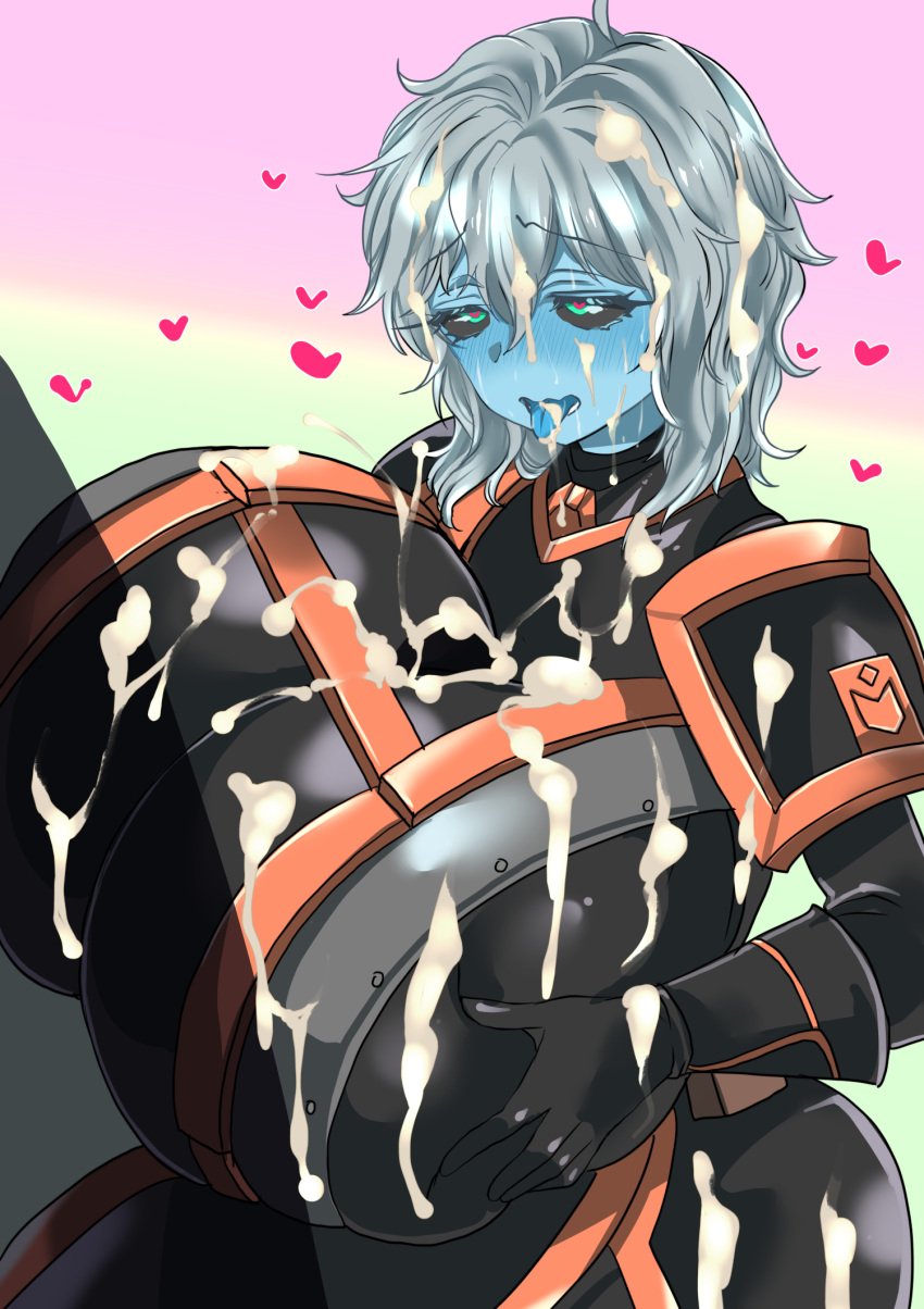 1boy 1girls after_paizuri anasteria armor black_sclera blue_skin blush breast_squeeze breasts censored clothed_paizuri colored_sclera colored_skin cum cum_in_mouth cum_on_armor cum_on_body cum_on_clothes cum_on_face cum_on_hair cum_on_tongue facial female gauntlets green_eyes grey_hair grim_dawn heart heart-shaped_pupils huge_breasts kodainosinpi large_breasts open_mouth paizuri paizuri_over_clothes short_hair shoulder_pads tongue tongue_out uniform