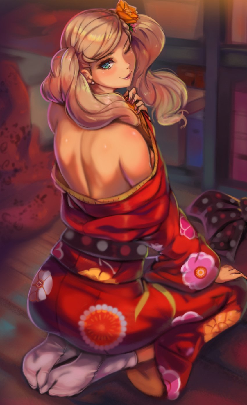 1girls alternate_costume ann_takamaki ass atlus back bare_shoulders blonde blonde_female blonde_hair blue_eyes blue_eyes_female breasts clothed clothed_female clothing earrings female female_focus female_only from_behind full_body fully_clothed fully_clothed_female hair_flower hi_res highres kimono kneeling light-skinned_female light_skin looking_at_viewer looking_back medium_breasts megami_tensei persona persona_5 red_kimono sash sega sitting solo solo_female solo_focus tabi toasty_scones twintails