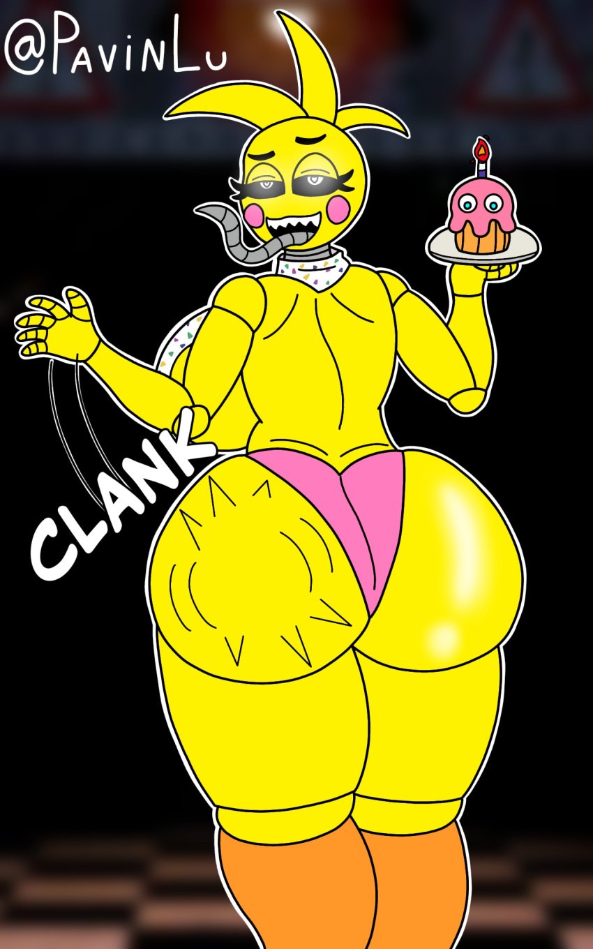 animatronic areolae ass ass_focus big_ass big_breasts big_butt black_eyes blush clothing five_nights_at_freddy's fnaf looking_at_viewer pavinlu slap slapping slapping_butt toy_chica_(fnaf) toy_chica_(love_taste) white_eyes yellow_body yellow_eyes