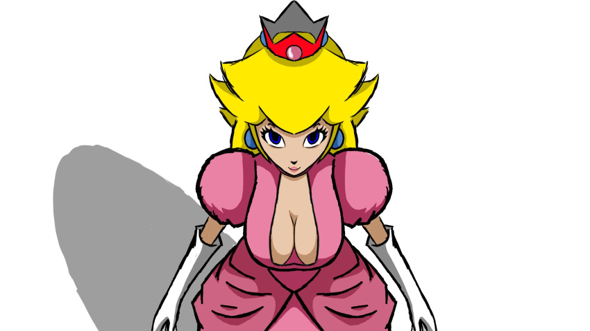 1girls big_breasts blonde_hair blue_eyes busty cleavage cleavage_cutout dress large_breasts long_hair looking_at_viewer mario_(series) nintendo princess princess_peach smile snakeish