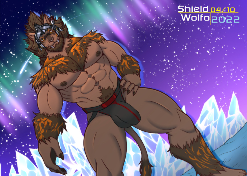 anthro big_pecs bulge clothing color detailed_bulge duskshield felid final_fantasy final_fantasy_xiv furry furry_only genital_outline hrothgar jockstrap kydron male male_only mammal muscular muscular_male pecs penis_outline smile solo square_enix underwear