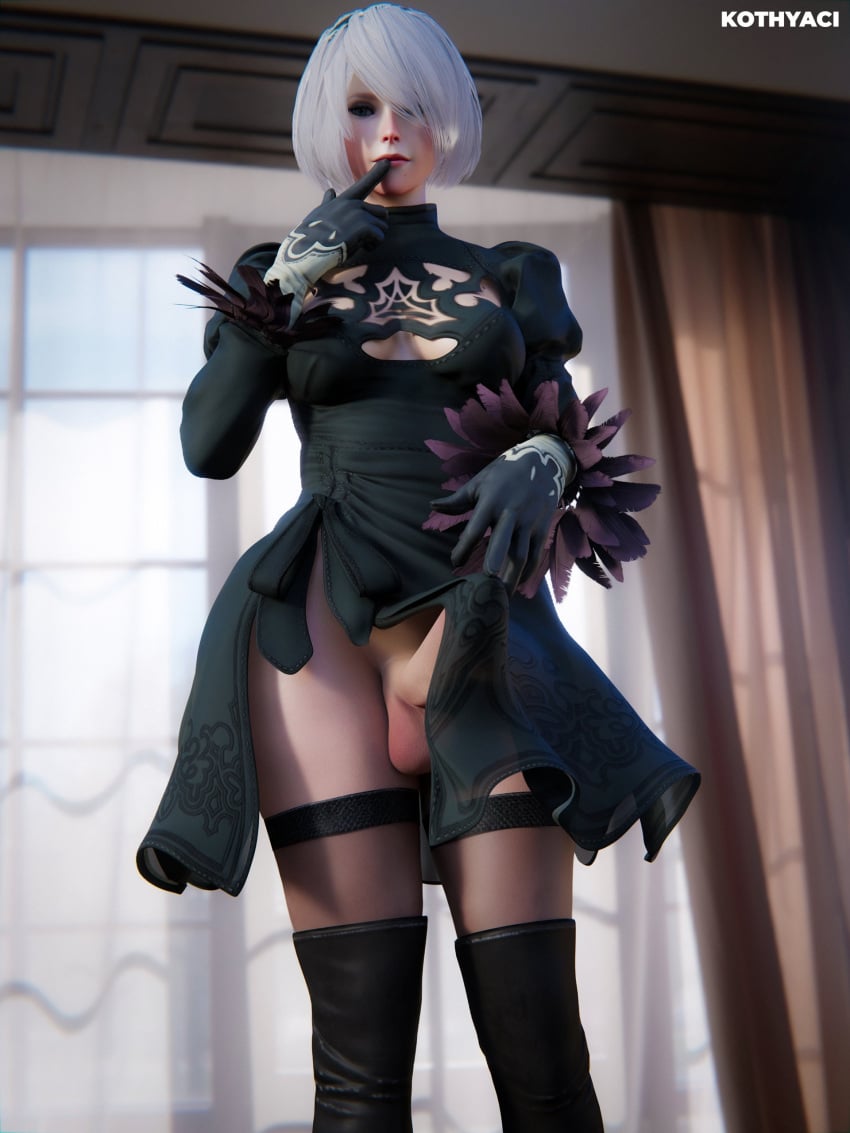 1futa 3d android big_butt big_penis black_gloves blush dress erect_penis erection futa_only futanari half-dressed highres kothyaci nier nier:_automata nier_(series) pleasure_face skirt solo stockings submissive submissive_futa white_hair yorha_2b