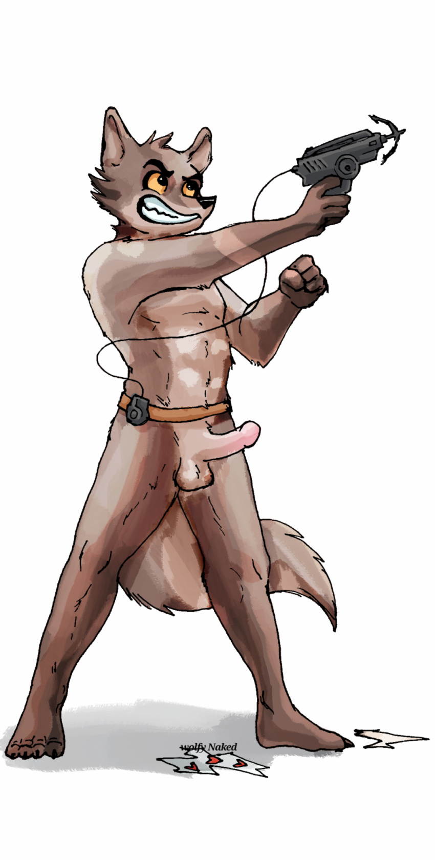 anthro brown_body brown_fur canid canine canis dreamworks erection fur genitals half_naked hi_res humanoid male male/male mammal mr._wolf_(the_bad_guys) muscular nude penis simple_background soft_abs solo the_bad_guys wolf wolfy