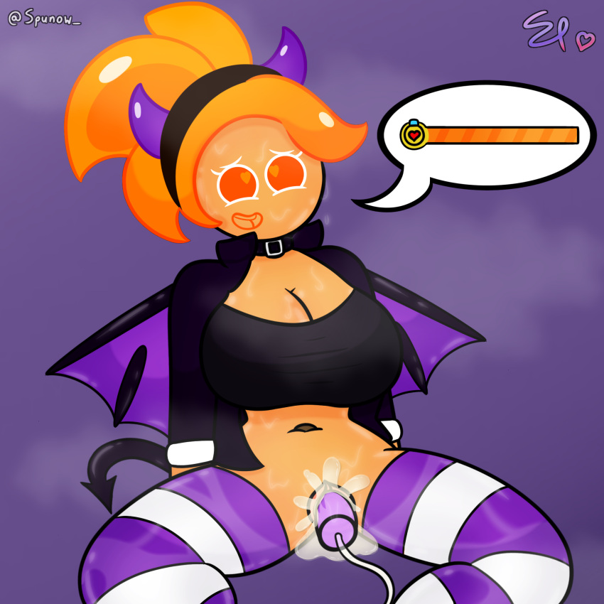 1girls artist_name artist_signature belt breasts cookie_run cookie_run_ovenbreak cum cum_in_pussy cum_inside demon_horns demon_outfit demon_wings humanoid orange_cookie orange_hair orgasm orgasm_face speech_bubble spunow_ stockings sweat tagme vagina vaginal_penetration vibrator wings