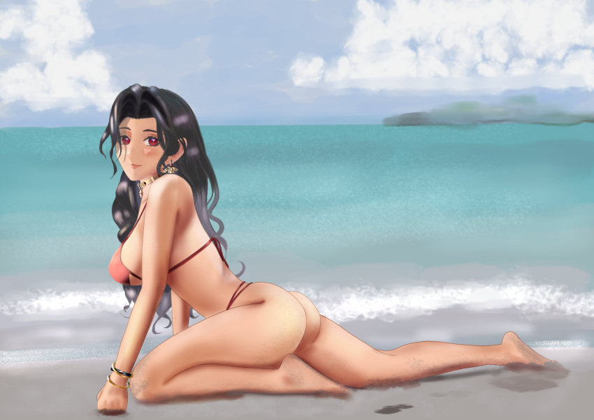 1girls ass barefoot beach beach_background big_ass big_breasts big_butt bikini black_hair blush bracelets butt earrings hi_res highres latina mole mole_under_eye naj_(artist) necklace nijisanji nijisanji_en red_bikini red_eyes sand sand_on_skin scarle_yonaguni sea side_butt side_view sideboob solo solo_female solo_focus swimsuit swimwear virtual_youtuber wavy_hair