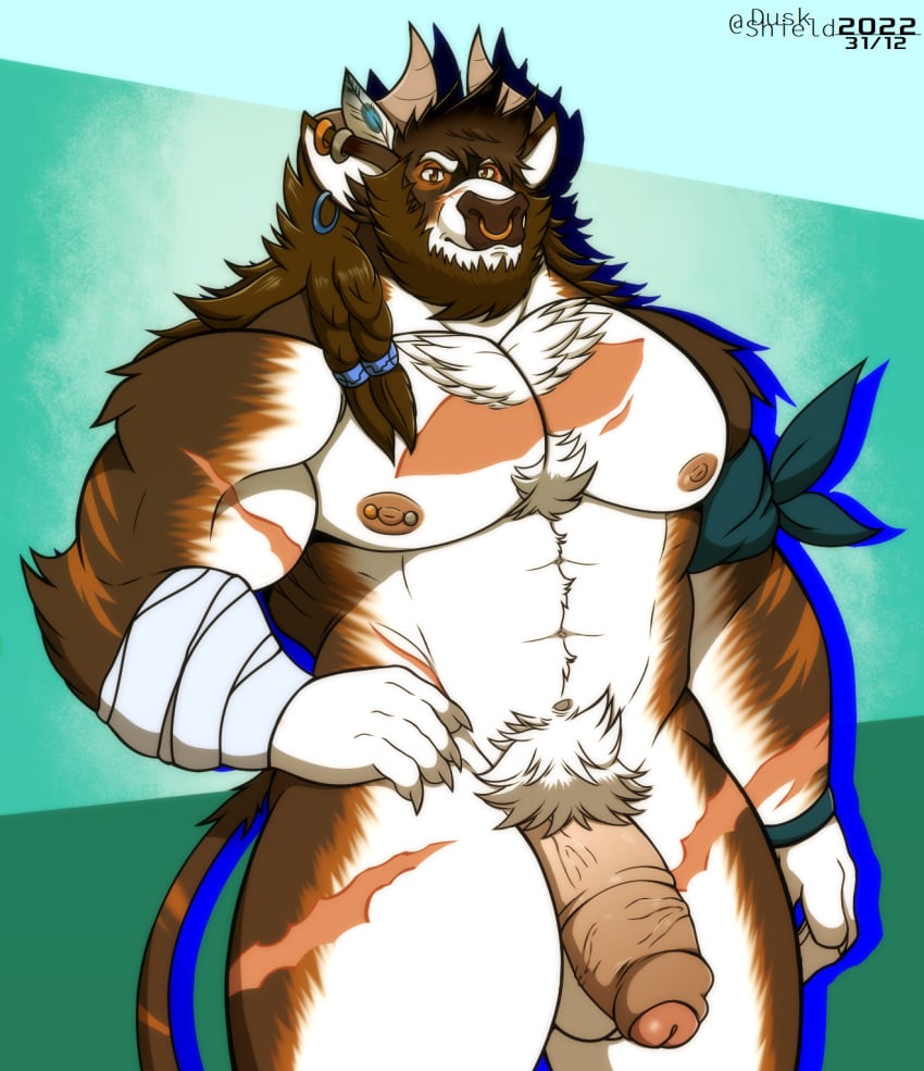 anthro big_pecs body_hair bovid bovine cattle chest_hair duskshield genitals hi_res horn kydron male mammal muscular pecs penis pubes scars_all_over solo