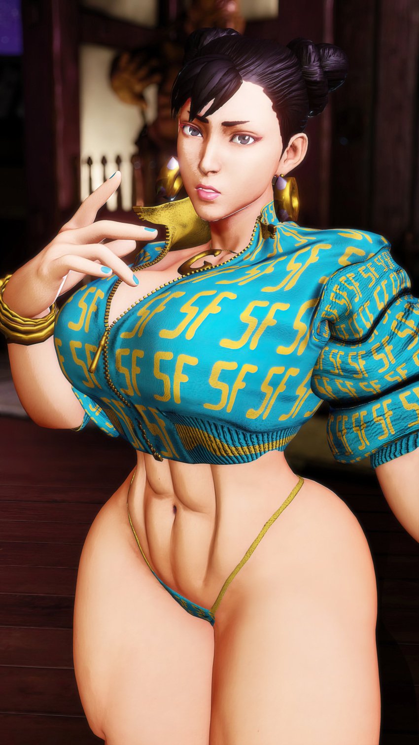 3d abs athletic athletic_female bare_midriff big_breasts bracelet breasts brown_eyes brown_hair busty capcom chun-li chun-li_(cover_girl) cleavage earrings female female_focus female_only g-string hoodie hourglass_figure large_breasts long_hair makeup muscles muscular muscular_female nail_polish navel necklace repinscourge sleeves_rolled_up solo solo_female street_fighter street_fighter_v tagme wide_hips