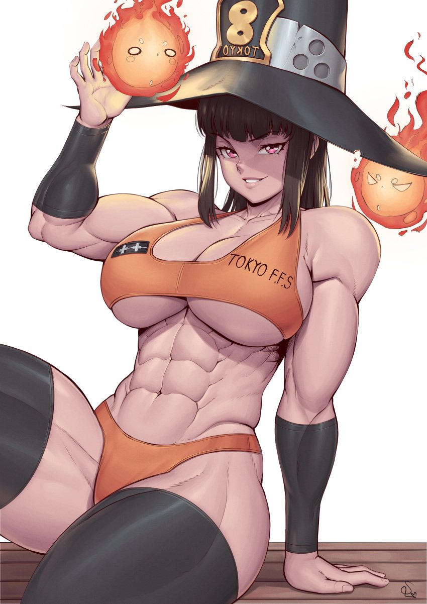 1girls abs absurd_res adonis_belt arm_support artist_signature bare_shoulders biceps black_hair breasts cleavage detached_sleeves enen_no_shouboutai fire fire_force hi_res huge_breasts muscular muscular_arms muscular_female muscular_legs obliques orange_panties orange_sports_bra oze_maki parted_lips pink_eyes serratus_anterior sideboob sidelocks signature simple_background smile solo speedl00ver sports_bra text thick_thighs thighhighs triceps underboob white_background witch_hat