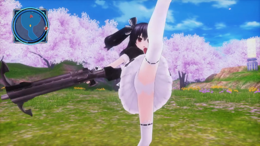 1girls 3d black_hair dress female female_only flexible game_ui gameplay_mechanics gun hi_res in-game_background kicking leg_lift legs long_hair megadimension_neptunia_vii neptunia_(series) panties pantyshot screenshot thighs twintails uni_(neptunia) weapon white_panties