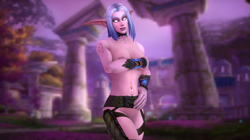 1girls 3d blizzard_entertainment bracers branding_mark covering_breasts druid_(warcraft) garter_belt horde_symbol horde_tattoo looking_at_viewer night_elf original_character pinup solo valnoressa valnoressa_leafwhisper warcraft white_hair world_of_warcraft