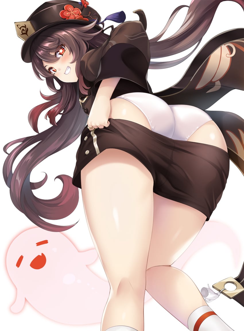 alternate_ass_size ass bike_shorts blush breasts brown_hair clothes_pull come_hither female from_behind from_below genshin_impact ghost grin hat highres hinata_sora hu_tao_(genshin_impact) kneehighs long_hair looking_at_viewer looking_back looking_down naughty_face panties red_eyes shiny_clothes shiny_skin short_shorts shorts shorts_pull sideboob smile socks solo symbol-shaped_pupils thighs twintails underwear very_long_hair white_panties white_socks