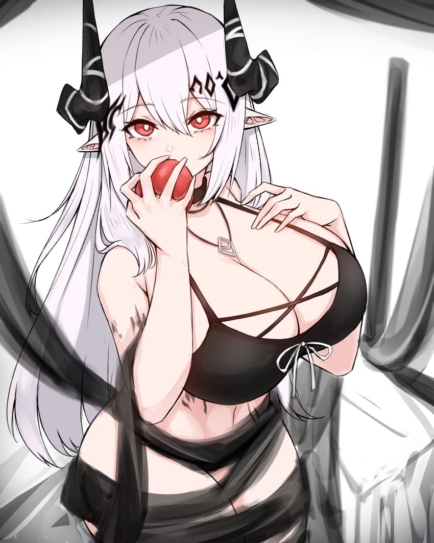 apple arknights big_breasts bikini_top cleavage eating_food horns long_hair looking_at_viewer mudrock_(arknights) mudrock_(silent_night)_(arknights) necklace pointy_ears red_eyes rikuguma tagme white_hair