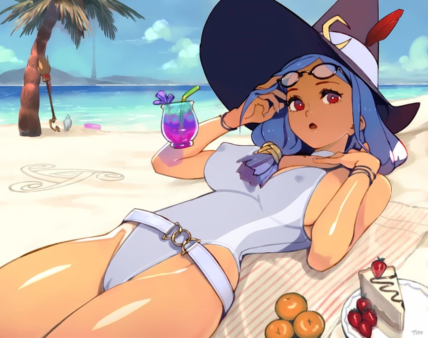 beach bikini blue_hair breasts broom cake cameltoe covered_nipples female female_focus female_only floating floating_object food glasses hat little_witch_academia long_hair looking_at_viewer open_mouth optionaltypo palm_tree red_eyes removing_eyewear shiny_skin signature solo studio_trigger swimsuit thick_thighs thighs tree ursula_callistis witch_hat