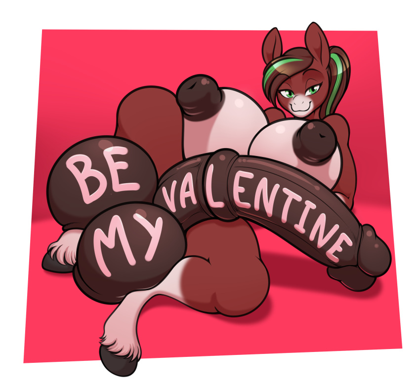 1futa 2023 anthro areola balls ballsack big_balls big_breasts big_penis body_writing breasts brown_hair digital_media_(artwork) equine erection freckles_(artist) futa_only futanari genitals green_eyes green_hair hi_res hooves horse huge_balls huge_breasts huge_cock humanoid_genitalia hybrid_genitalia hybrid_penis hyper hyper_balls hyper_genitalia hyper_penis laurel_(freckles) looking_at_viewer mammal mane medial_ring medial_ringed_humanoid_penis multicolored_hair nipples nude penis scrotum simple_background smile solo testicles two_tone_hair valentine's_day writing_on_penis