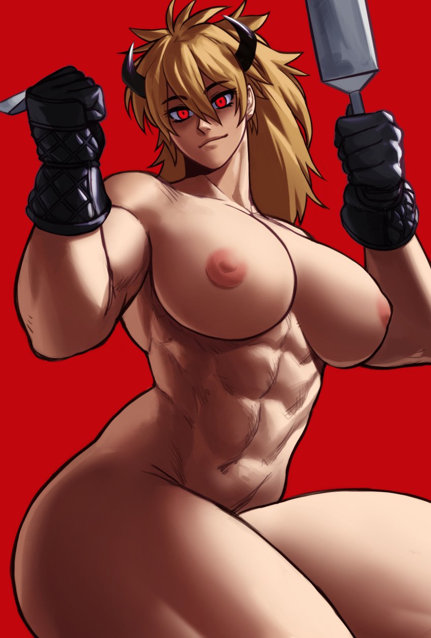 1girls abs absurd_res biceps black_gloves blonde_hair closed_mouth dorohedoro gloves hi_res holding_object horns huge_breasts long_hair looking_at_viewer muscular muscular_arms muscular_female nikaido nude nude_female obliques red_background red_eyes sideboob simple_background smile solo sotcho thick_thighs triceps