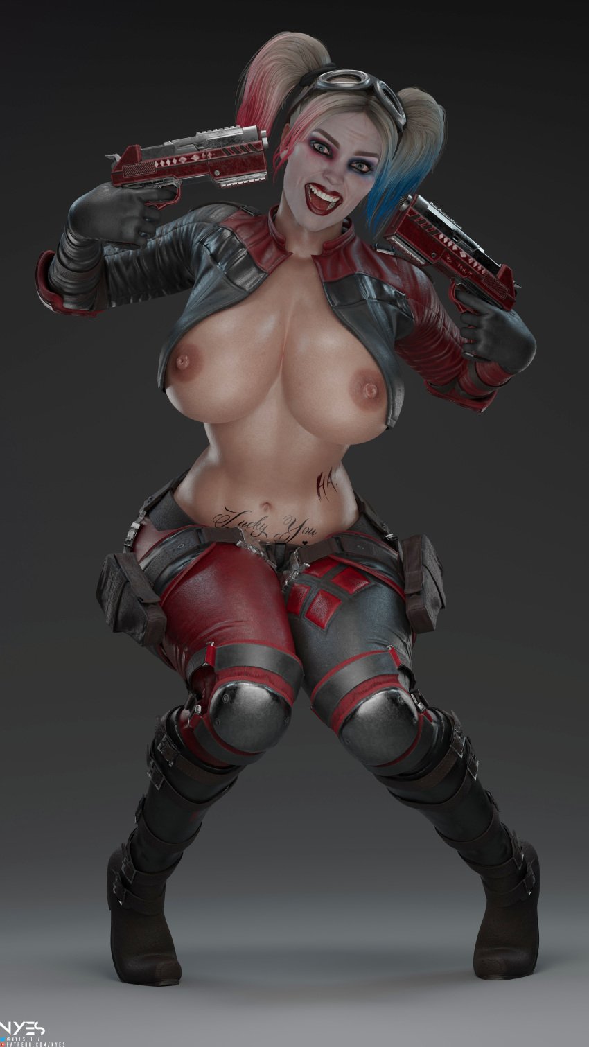 1girls 3d 9:16 areolae batman_(series) big_breasts blonde_hair breasts busty dc dc_comics exposed_breasts female female_only functionally_nude gun guns harley_quinn harley_quinn_(injustice) huge_breasts injustice_2 jacket large_breasts light-skinned_female light_skin makeup nipples no_bra nyes117 pistol pose posing smile smiling smiling_at_viewer solo tattoo thick thick_thighs topless topless_female voluptuous wide_hips