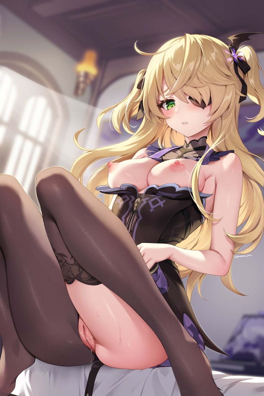 blonde_hair blush embarrassed exposed_breasts exposed_pussy eyepatch fischl_(genshin_impact) genshin_impact gomashio_ponz green_eyes hi_res nipples perky_breasts pussy small_breasts stockings wet_pussy