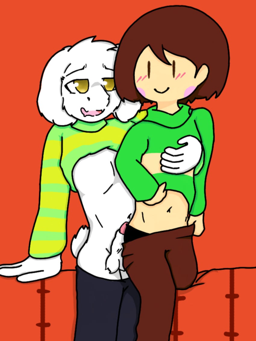 animal_genitalia animal_penis asriel_dreemurr chara clothed digital_art enjoying enjoyment furry furry_tail goat holding_another holding_chest leaning_on_bed mob_face panties panties_showing pulling_clothing pulling_down_pants rubbing_penis simple_background sitting sitting_on_bed sitting_on_lap sitting_on_penis sitting_on_person undertale undertale_(series)