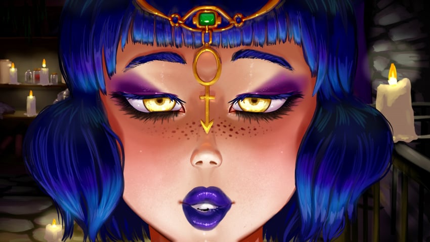 alma_(tales_of_androgyny) blue_hair blue_lipstick eyeshadow freckles jewelry kissing majalis purple_eyeshadow tales_of_androgyny warlock yellow_eyes