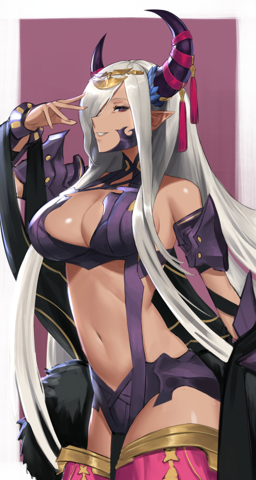 1girls absurdres asymmetrical_horns bangs bare_shoulders blue_eyes blush breasts cleavage clothing_cutout commentary cowboy_shot dark-skinned_female dark_skin detached_sleeves dragon_girl female female_only fire_emblem fire_emblem_engage grey_hair grey_horns hair_ornament hair_over_one_eye highres horns jewelry large_breasts long_hair looking_at_viewer makeup mature_female midriff milf monster_girl multicolored_eyes navel navel_cutout nintendo pointy_ears purple_eyes purple_ribbon red_eyes revealing_clothes ribbon shou_illust simple_background smile solo spiked standing stomach tan tassel tassel_hair_ornament thick_thighs thighs very_long_hair zephia_(fire_emblem)