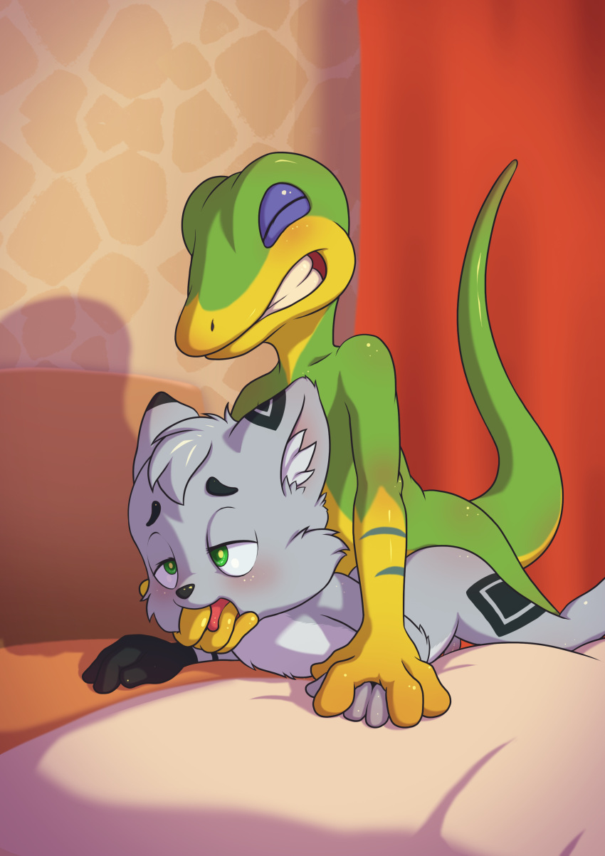 2boys anal anal_sex anthro ass blush closed_eyes furry gay gex_(series) gex_the_gecko green_eyes male male/male male_only minum non-human open_mouth penis sex tongue yaoi