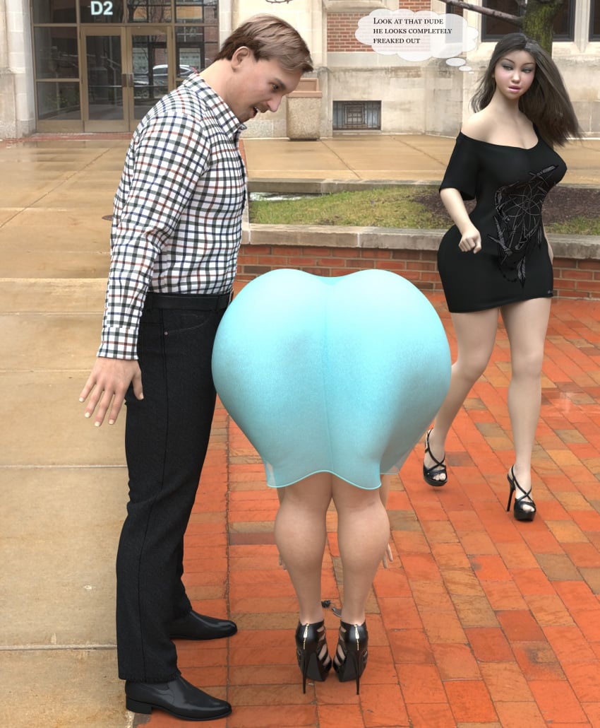 ass ass_awe ass_in_dress bent_over black_shoes bottom_heavy brown_hair clothing enormous_ass female high_heels hourglass_figure huge_ass male massive_ass rev2019 staring staring_at_ass tight_dress trio wide_ass