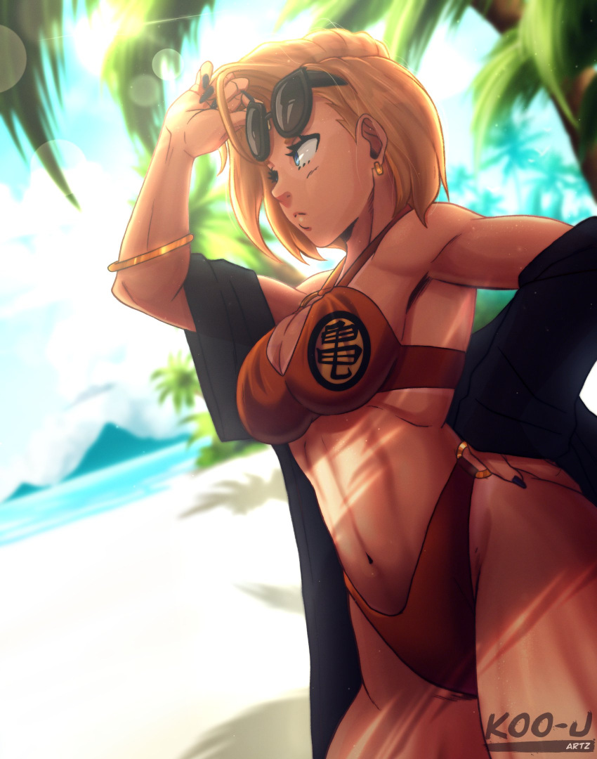 1girls android_18 beach big_breasts bikini blonde_hair blue_eyes blue_sky breasts clouds dragon_ball dragon_ball_super dragon_ball_xenoverse dragon_ball_z eyewear_on_head kooj_artz large_breasts looking_over_eyewear looking_over_glasses milf mother ocean sea sunglasses sunglasses_on_head swimsuit tagme tinted_eyewear trendy_bikini