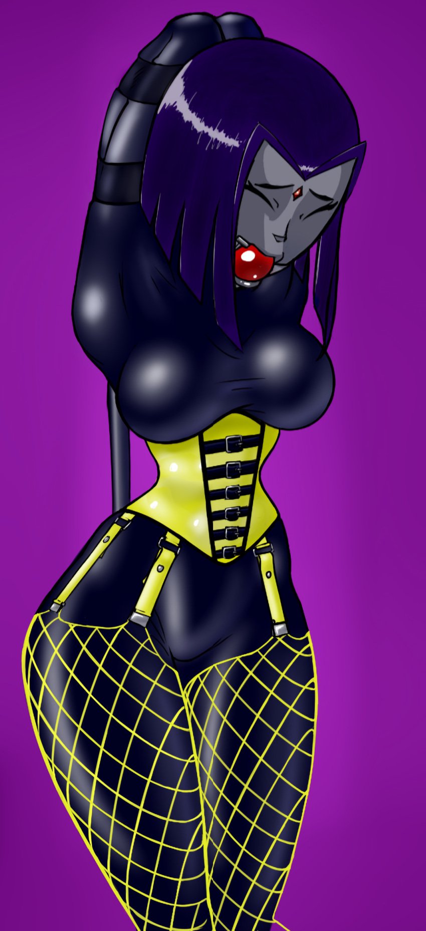 arms_behind_head ball_gag bondage bound breasts captured catsuit closed_eyes corset dc dc_comics demon_girl female female_only femsub fishnets forced gag gagged goth goth_girl helpless kidnapped latex_suit purple_hair rachel_roth raven_(dc) restrained short_hair slave stockings straps teen_titans thick_thighs thighhighs tight_clothing tights velenor