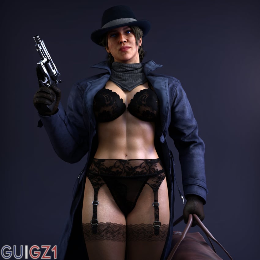 1girls bag breasts call_of_duty call_of_duty_black_ops_3 call_of_duty_black_ops_4 casual clothing erin_baker fedora female female_only firearm guigz1 gun handgun handwear hat holding_weapon human legwear lingerie looking_at_viewer outerwear pale_skin revolver solo weapon